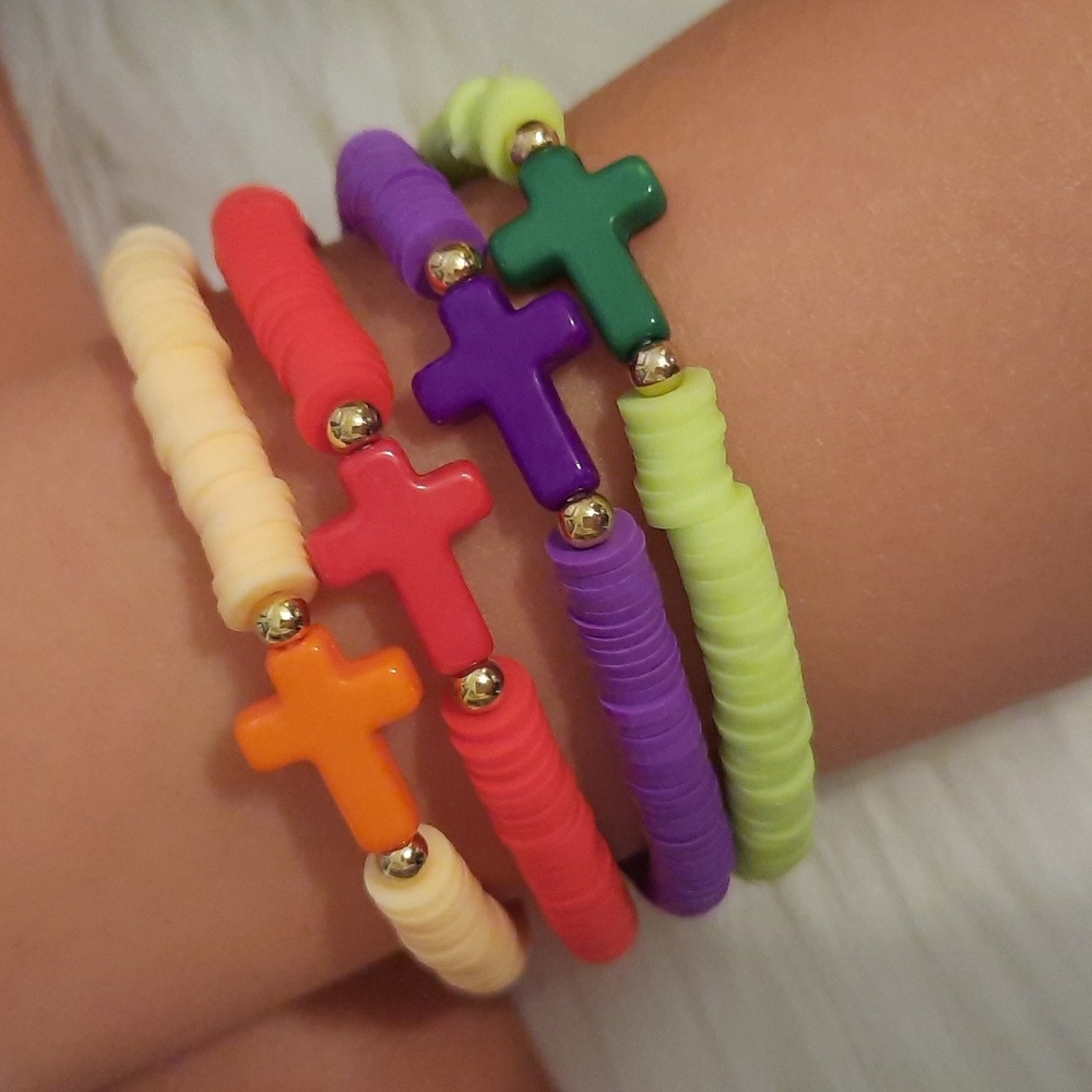 Kids Stackable Clay Beaded Bracelet with Cross-4 pcs Set